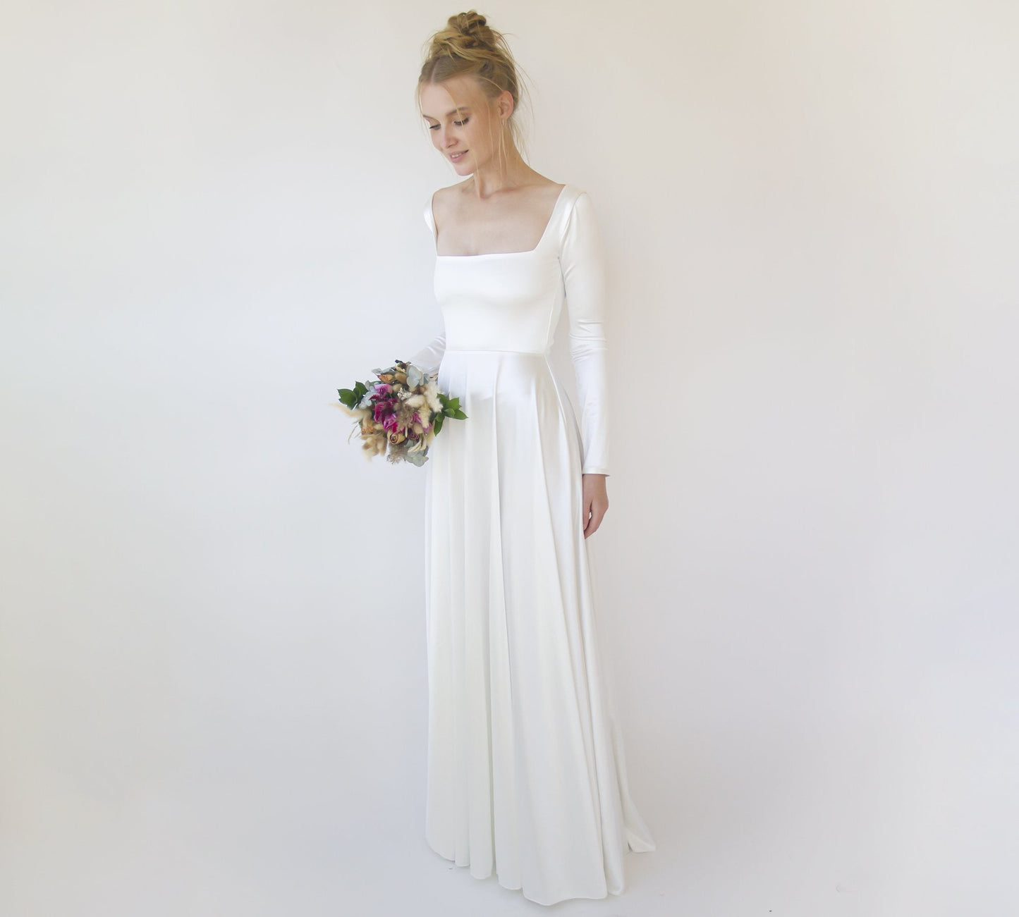Bestseller Ivory Square Neckline Minimalist Satin Wedding Dress #1351