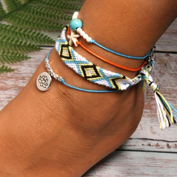 MOON GIRL Handmade Weave Bobo Lotus Anklet Set Fashion Starfish 4 Pieces Bohemian Chic Summer Bracelet Ankle for Women