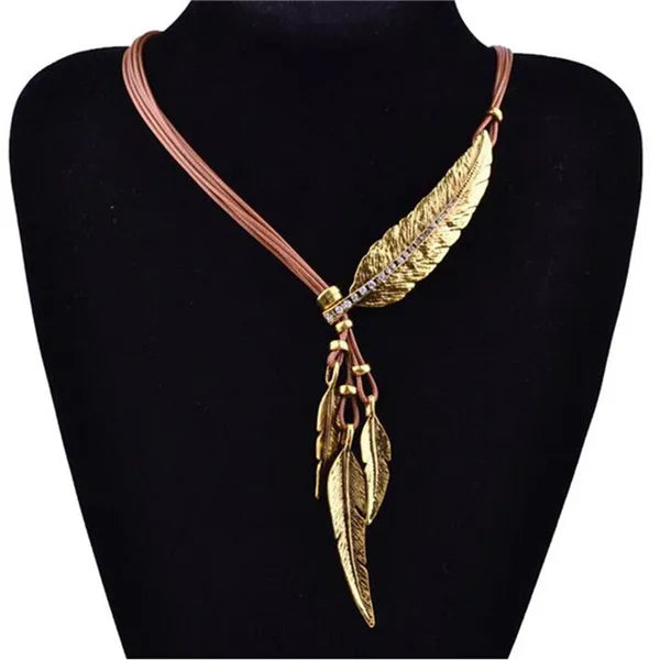 Collier Femme Feather Necklaces & Pendants Rope Leather Vintage Maxi Colar for Statement Necklace Women Fashion Jewelry Bijoux
