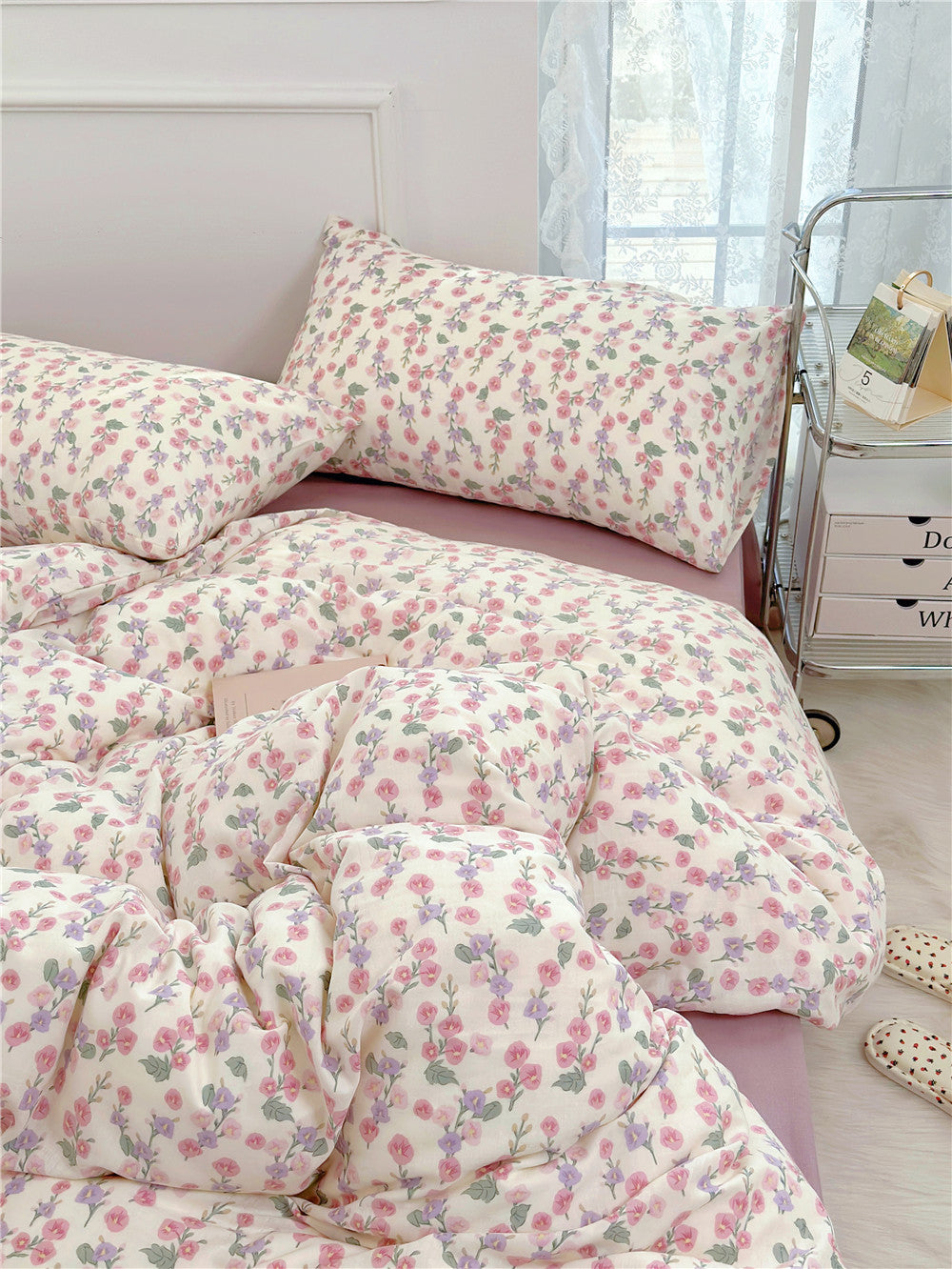 Double Layer Cotton Bedding Set Infant Class Softness Floral Design Duvet Cover Bed Sheet Pillowcases 4 Pieces Bedding Set