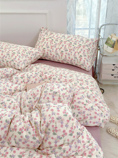 Double Layer Cotton Bedding Set Infant Class Softness Floral Design Duvet Cover Bed Sheet Pillowcases 4 Pieces Bedding Set