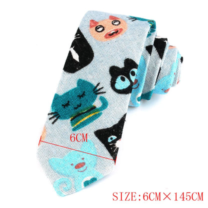 CartoonSkinny Tie for Men Women Narrow Neck Tie for Wedding Casual Cartoon Neckties Classic Suits Slim Cotton Linen Neck Ties