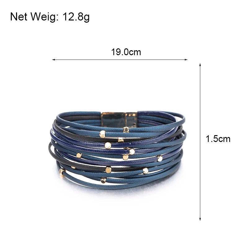 ALLYES Metal Beads Leather Bracelets for Women 2023 Slim Strips Boho Multilayer Wide Wrap Bracelet Femme Jewelry