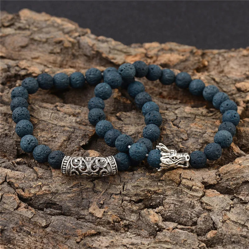DUOVEI 2 Pcs/Set Natural Stone Beads Men's Dragon Bracelet Set Lava Stone Beaded Bracelets for Women Bileklik Pulseras Hombre