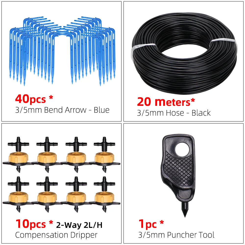 MUCIAKIE Garden Drip Irrigation Kit Micro Watering Elbow Drippers System for Greenhouse Pot Plants 1/8'' 3/5mm Hose Set 2/4 Ways