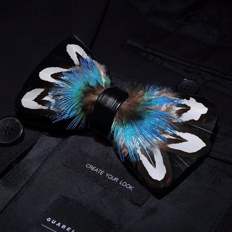 KAMBERFT Designer Brand Handmade Feather and Leather Pre-Tied Bow Tie and Brooch Sets for Men Wedding Party Best Cravate