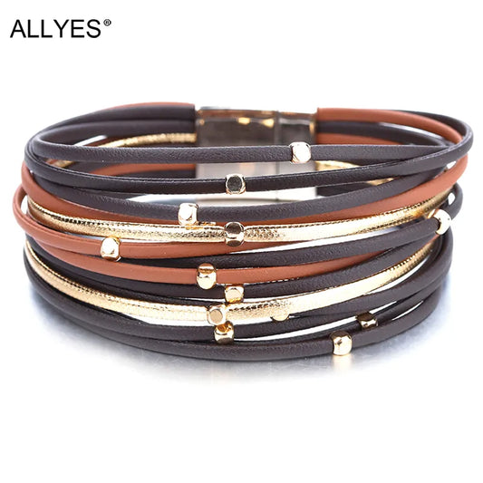 ALLYES Metal Beads Leather Bracelets for Women 2023 Slim Strips Boho Multilayer Wide Wrap Bracelet Femme Jewelry