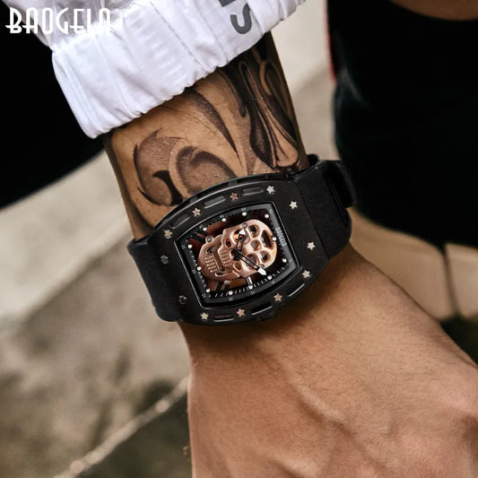 Baogela Pirate Skull Style Men Watch Silicone Luminous Quartz Watches Military Wateproof Skeleton Wristwatch for Man 1612