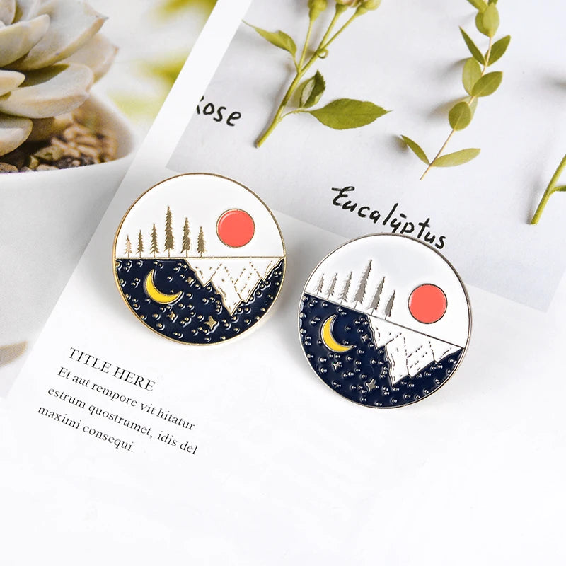 Outdoors Mountain Starry Night Enamel Pin Custom Wild Camping Hiking Brooches Bag Clothes Lapel Pin Adventure Badge Jewelry