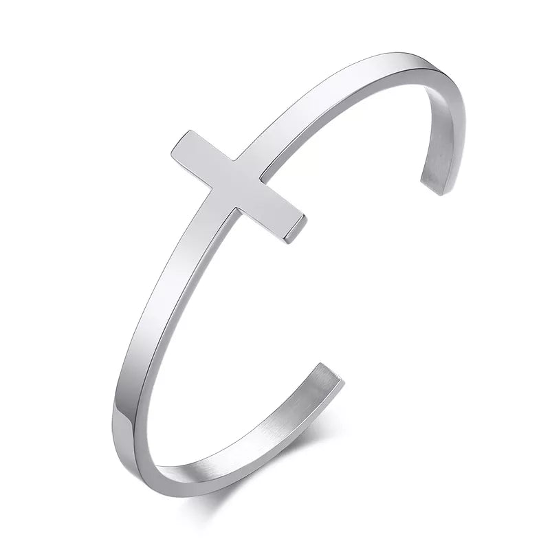 Silverly Cross Cuff Bracelet Stainless Steel Sideways Cross Bracelet Open Cuff Bangle for Men Unisex Jewelry