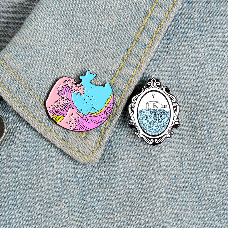 Wave Pins Ocean Sea Wave Brooches Organ Heart Light Bulb Whale Sun Creative Badges Blue Wave Enamel Pin Collection
