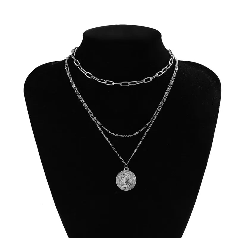 IngeSight.Z Punk Multi Layered Imitation Pearl Choker Necklace Collar Virgin Mary Coin Crystal Pendant Neck Women Jewelry
