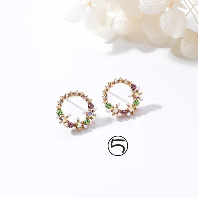 Korean Jewelry Fresh Cute Hook Drop Oil Flower Stud Earrings Crystal Earring for Women