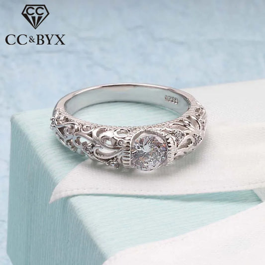 CC Vintage Rings for Women Palace Pattern Silver Color Wedding Engagement Ring Zirconia Bridal Jewelry Drop Shipping CC1495