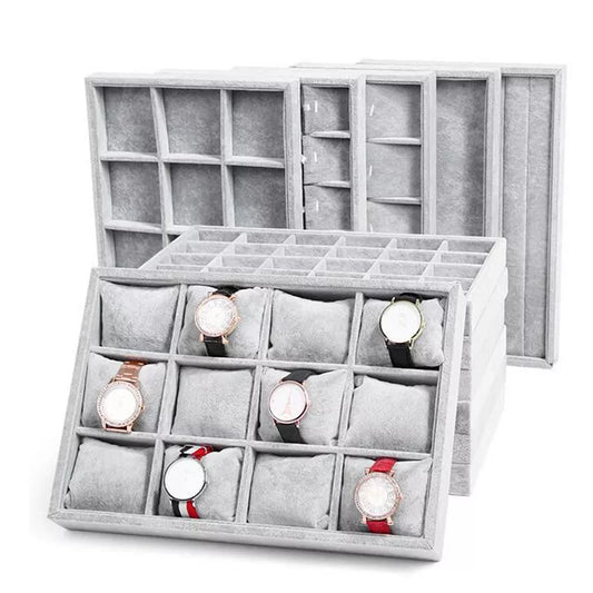 Ice Grey Velvet Jewelry Tray Jewelllery Storage Box Watch Holder Necklace Ring Earrings Pendant Display Organizer Series