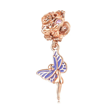 Bamoer 3D Rose Flower Pendant Charm 925 Sterling Silver Rose Gold Color Charms for Bracelet or Necklace DIY Sunflower Charms