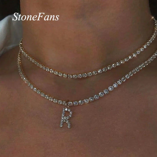 Stonefans Bling Letter Necklace Tennis Chain Custom Women Charming Statement Crystal Name Initial Choker Collar Necklace Jewelry