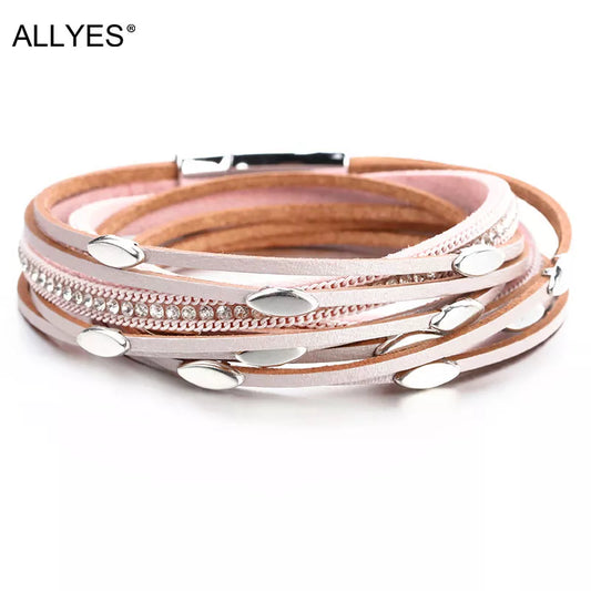 ALLYES Leaf Charm Pink Leather Bracelets for Women 2023 Fashion Crystal Chain Boho Multilayer Wrap Bracelet Femme Jewelry