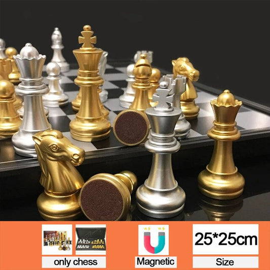 Medieval Plastic Chess Set Magnetic Chessmen 32 Golden Silvery Chess Pieces Foldable Chess Board Game Set