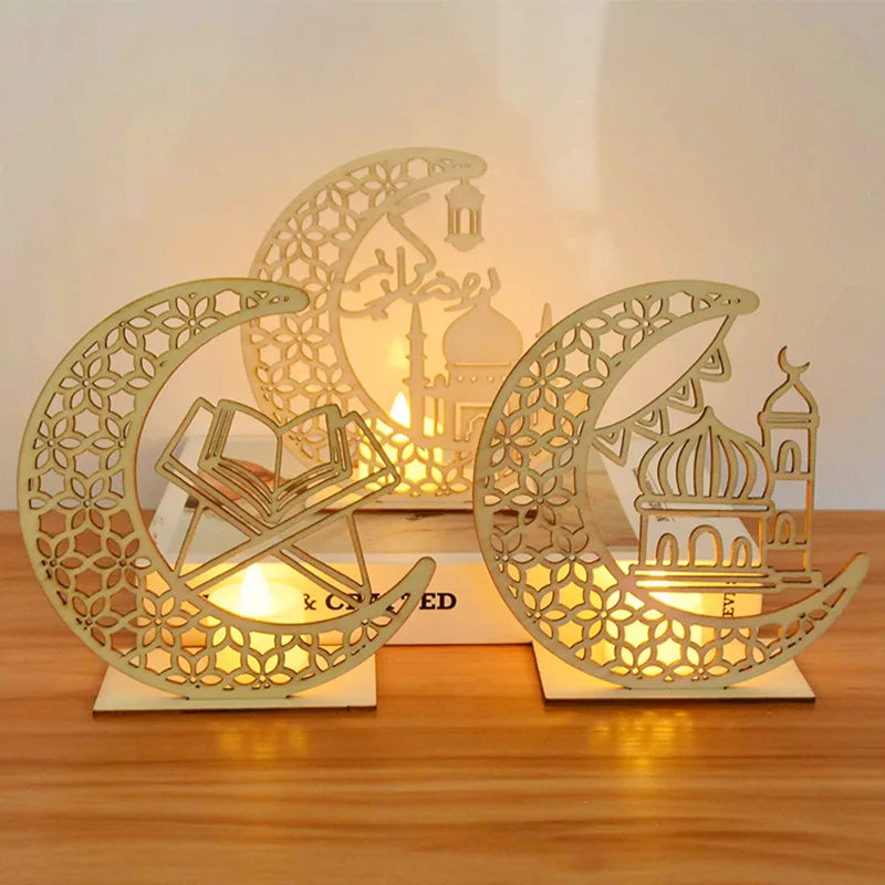 EID Mubarak Wooden Pendant With LED Candles Light Ramadan Decorations for Home Islamic Muslim Party Eid Decor Kareem Ramadan
