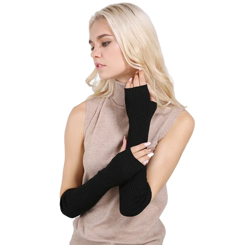 Sparsil Women Winter Arm Warmers Cashmere Fingerless Long Gloves Solid Warm Mittens Elbow Thread Knitted Sleeves 50cm Glove