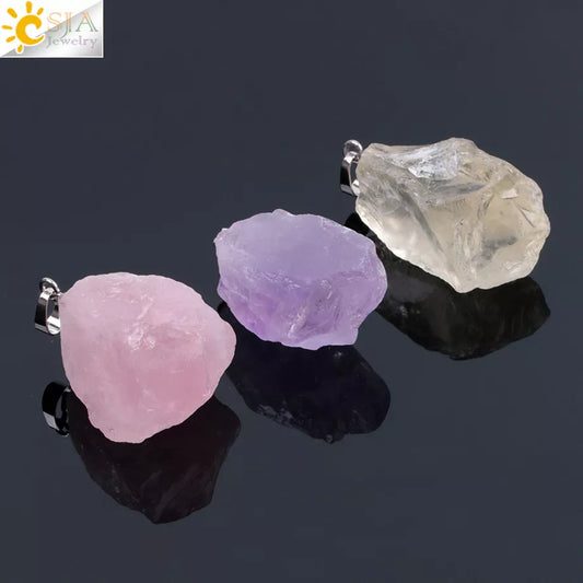 CSJA Natural Stones Gems Clear Crystal Pendants Necklaces Reiki Healing Irregular White Yellow Purple Pink Quartz Pendulum F070