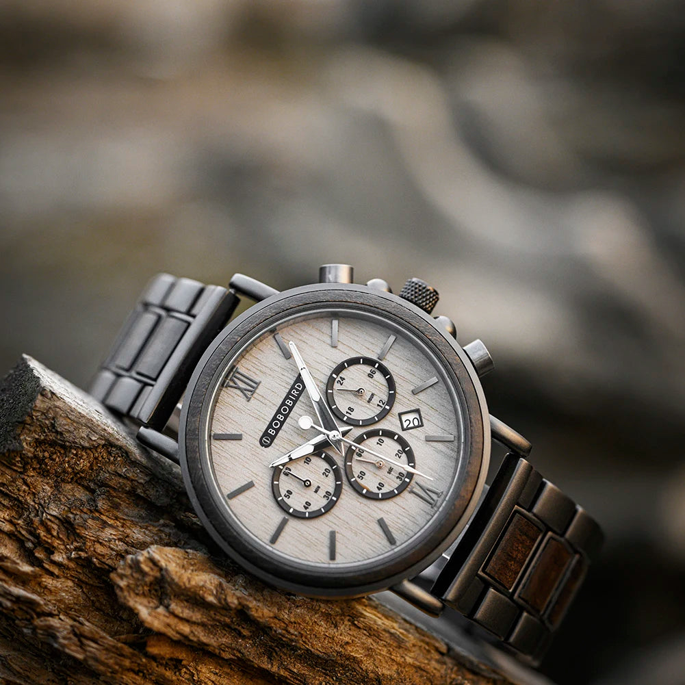 BOBO BIRD P09 Wood and Stainless Steel Watches Mens Chronograph Wristwatches Luminous Hands Stop Clock
