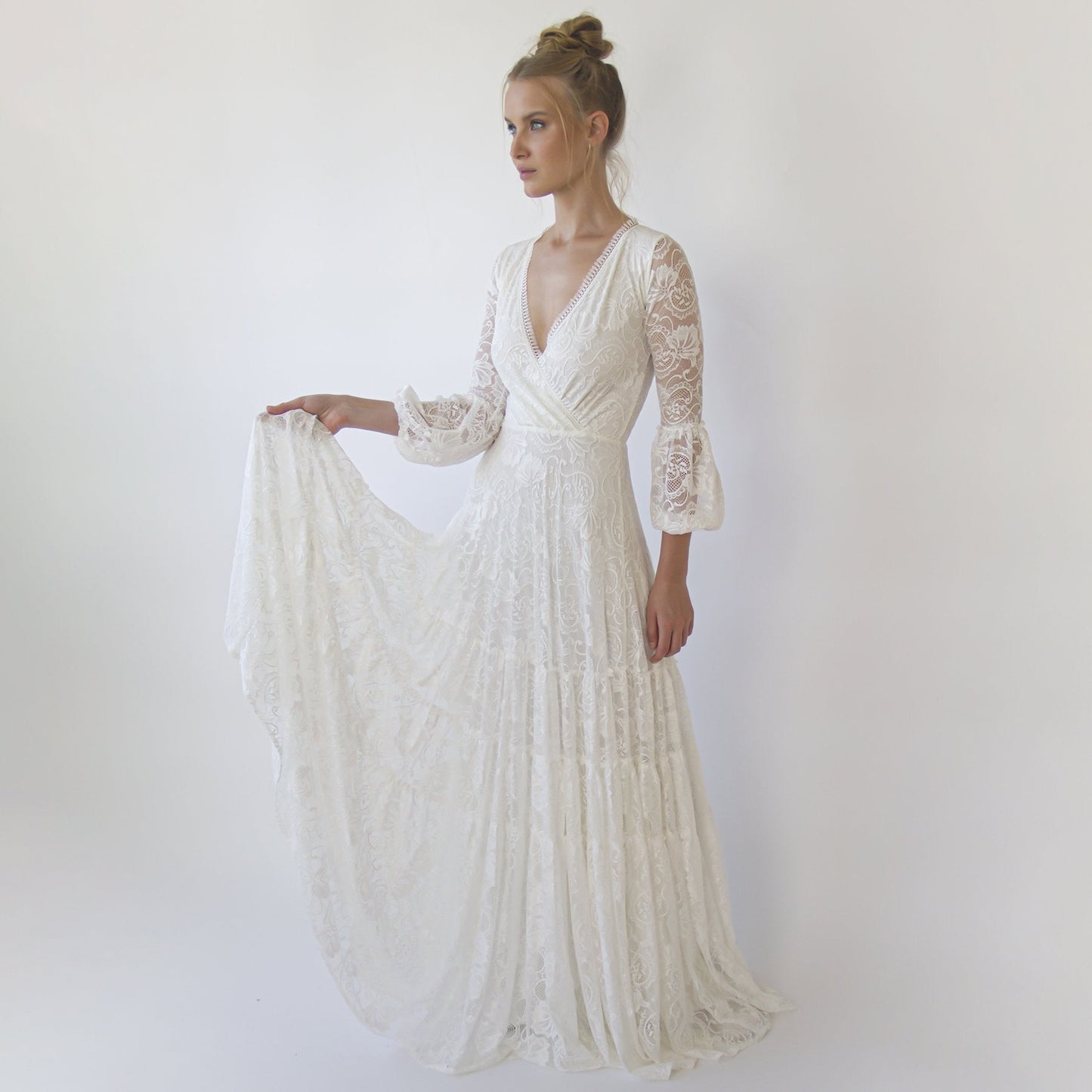 Bestseller Gipsy Layered Boho Lace Wedding Dress, Puffy Bracelet Sleeves #1365