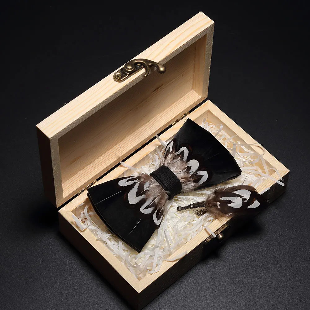 KAMBERFT Design Handmade Feather Bow Tie Brooch Wooden Box Set High Quality Men's Bowtie Leather Tie for Wedding Party Banquet