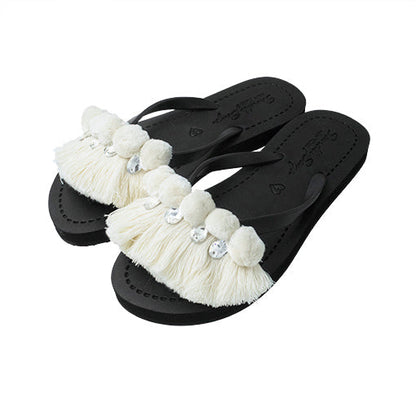 White Pom Pom Fringe - Embellished Flat Flip Flops Sandal