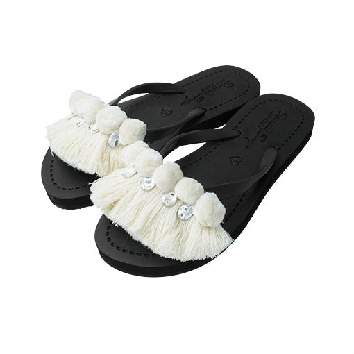 White Pom Pom Fringe - Embellished Flat Flip Flops Sandal