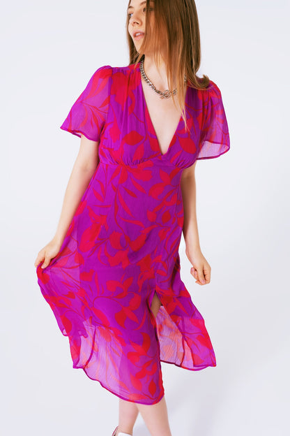 Short Sleeve V-Neck Chiffon Maxi Dress in Floral Print