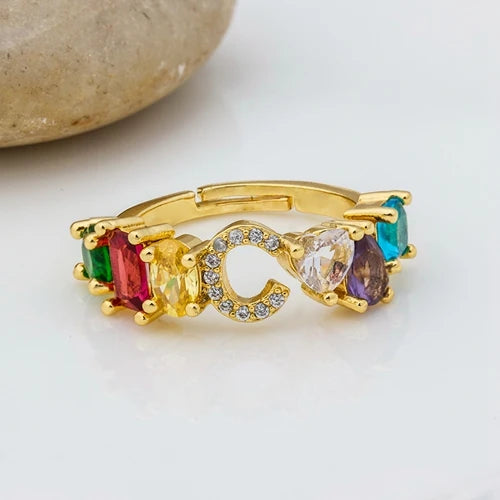 Adjustable A-Z Initial Ring Bohemian Copper Zircon  Rainbow Letter Rings for Women Girls Party Wedding Jewelry