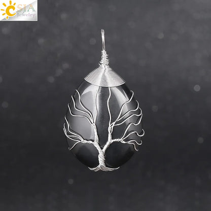 CSJA Natural Stone Pink Quartz Necklace & Pendant Silver-Color Tree of Life Wire Wrapped Water Drop Shape for Women Jewelry F122