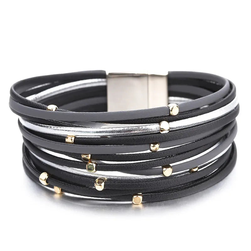 ALLYES Metal Beads Leather Bracelets for Women 2023 Slim Strips Boho Multilayer Wide Wrap Bracelet Femme Jewelry