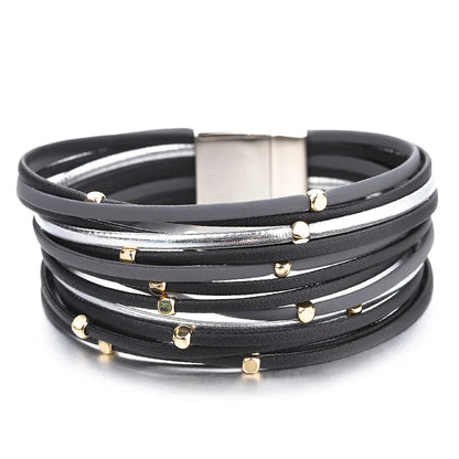 ALLYES Metal Beads Leather Bracelets for Women 2023 Slim Strips Boho Multilayer Wide Wrap Bracelet Femme Jewelry