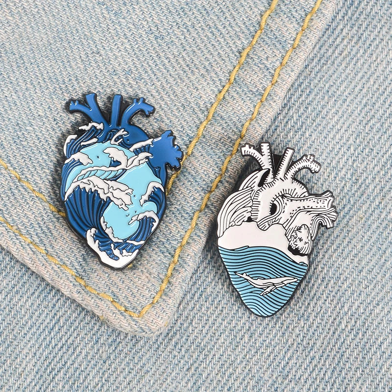 Wave Pins Ocean Sea Wave Brooches Organ Heart Light Bulb Whale Sun Creative Badges Blue Wave Enamel Pin Collection