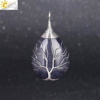 CSJA Natural Stone Pink Quartz Necklace & Pendant Silver-Color Tree of Life Wire Wrapped Water Drop Shape for Women Jewelry F122