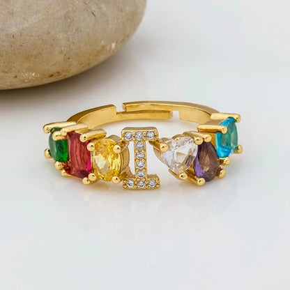 Adjustable A-Z Initial Ring Bohemian Copper Zircon  Rainbow Letter Rings for Women Girls Party Wedding Jewelry