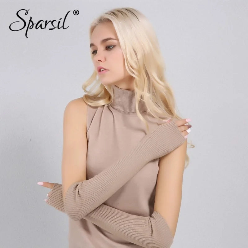 Sparsil Women Winter Arm Warmers Cashmere Fingerless Long Gloves Solid Warm Mittens Elbow Thread Knitted Sleeves 50cm Glove