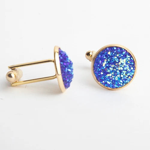 Simple Luxury Colorful Drusy Stone Cufflinks for Men Women Round Rhinestone Cuff Links Novelty Shirt Sleeve Buttons Accessories