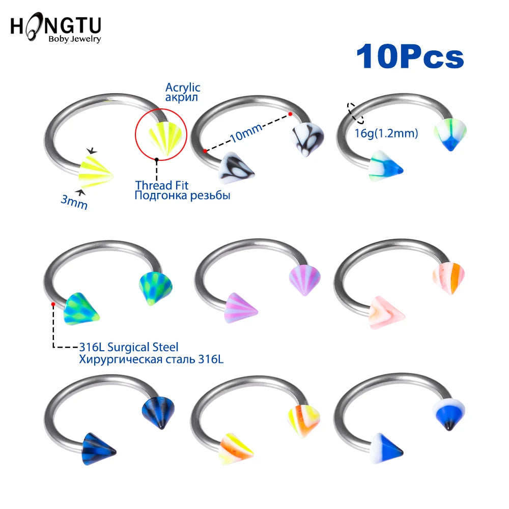 10pcs/Set Colorful Acrylic Nose Rings Ear Piercing Circular Barbell Horseshoe Ring Lip Labret Eyebrow Ear Piercings Body Jewelry