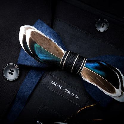 KAMBERFT Designer Brand Handmade Feather and Leather Pre-Tied Bow Tie and Brooch Sets for Men Wedding Party Best Cravate