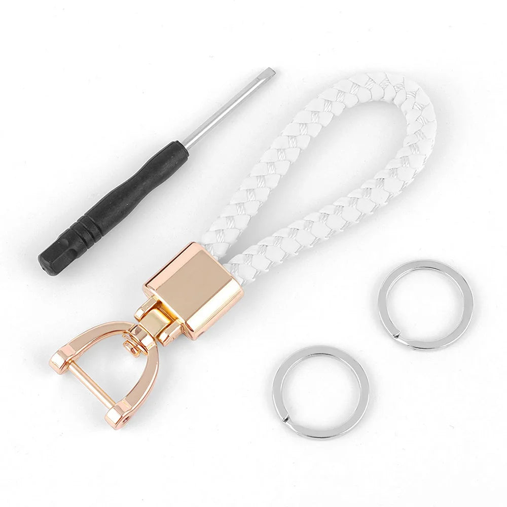 High-Grade Keychain for Men Women Rotatable Key Chain Luxury Hand Woven Leather Horseshoe Buckle Car Key Ring Holder Accessories