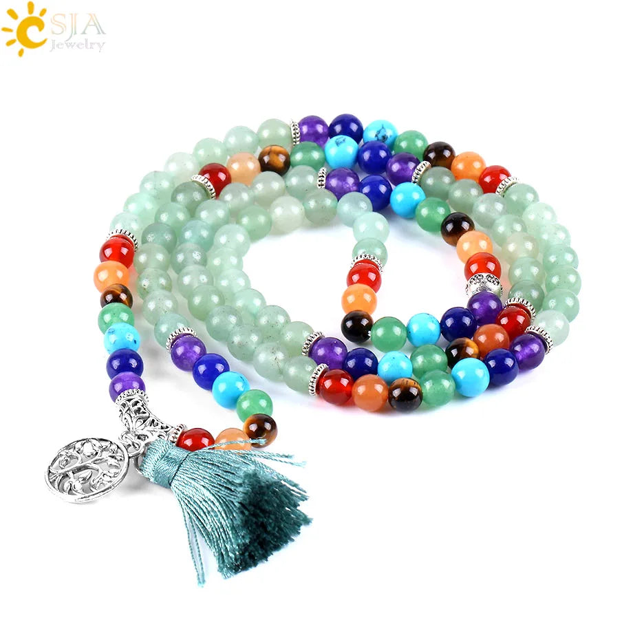 CSJA Women Maxi Long Necklace Natural Mala Gem Stone Bead Tassel 7 Chakra Tiger Eye Pink Quartz Howlite Reiki Boho Necklace E590