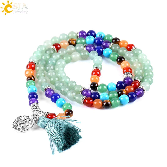 CSJA Women Maxi Long Necklace Natural Mala Gem Stone Bead Tassel 7 Chakra Tiger Eye Pink Quartz Howlite Reiki Boho Necklace E590