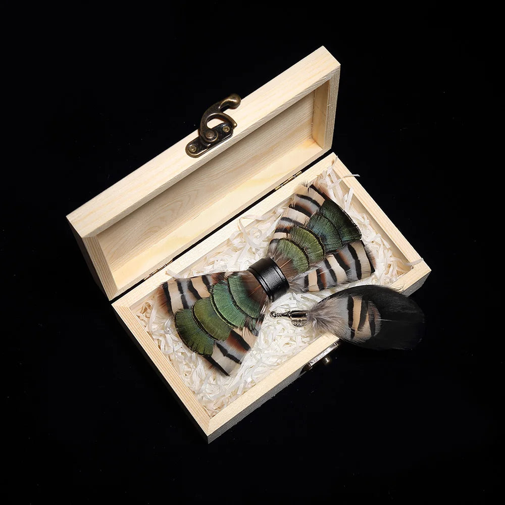 KAMBERFT Design Handmade Feather Bow Tie Brooch Wooden Box Set High Quality Men's Bowtie Leather Tie for Wedding Party Banquet