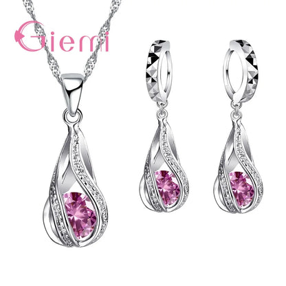 100% 925 Sterling Silver New Water Drop Cubic Zircon Pendant Necklace&Earrings for Women Ladies Jewelry Sets Wedding