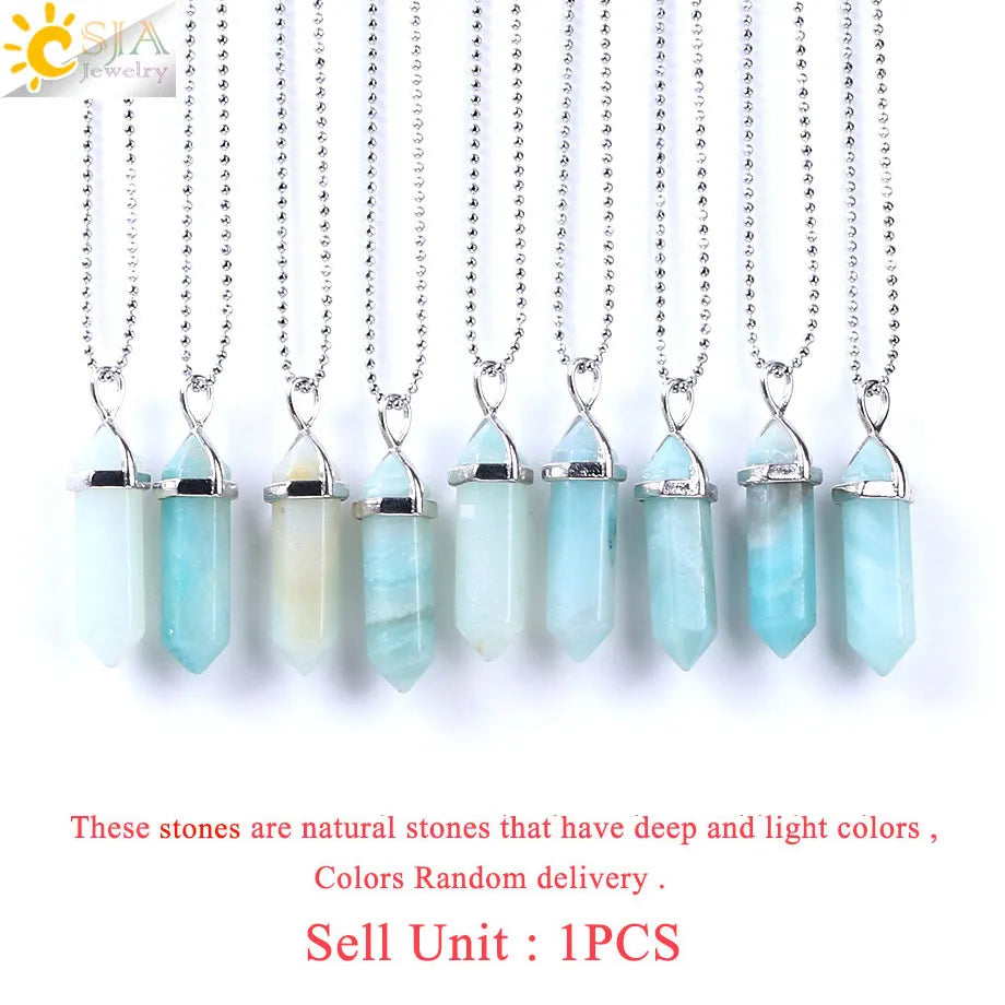CSJA Hexagonal Column Necklaces Natural Stone Amazonite Pendant Two Sharp Angle Quartz Beads for Women Men Jewelry F185