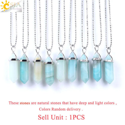 CSJA Hexagonal Column Necklaces Natural Stone Amazonite Pendant Two Sharp Angle Quartz Beads for Women Men Jewelry F185